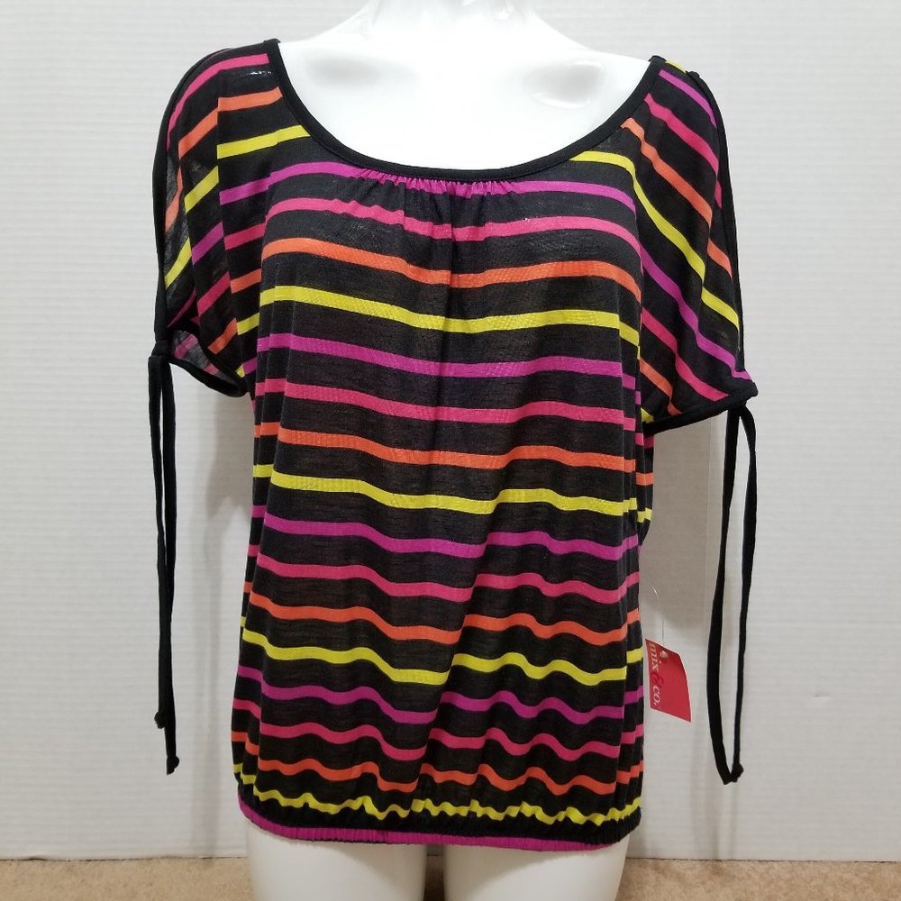Mix & Co. top Medium NWT striped tie cuffs cold shoulder ruched neck elastic hem
